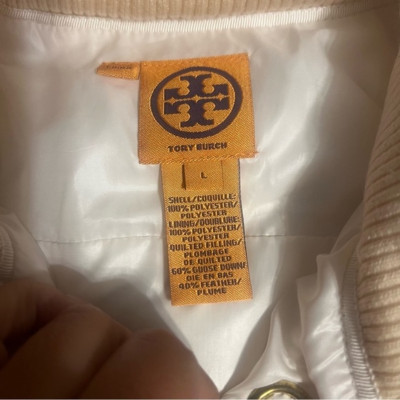 Tory Burch Quilted Puffer Jacket Large Snap Button in Cream Sz L Slim Fit Chic - Picture 8 of 14
